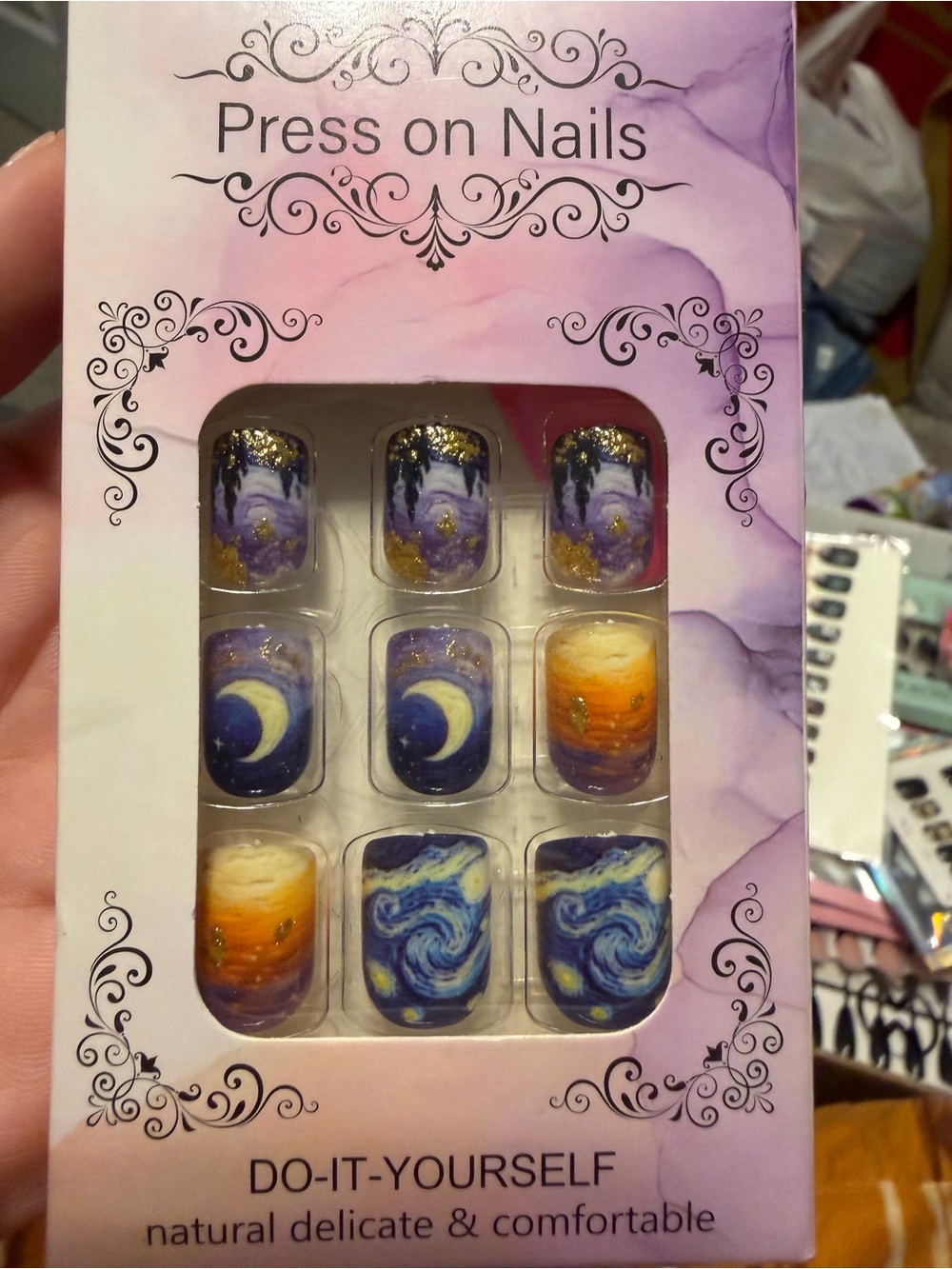 Press On Nails - Starry Night Design (Purple, Blue, Gold)
